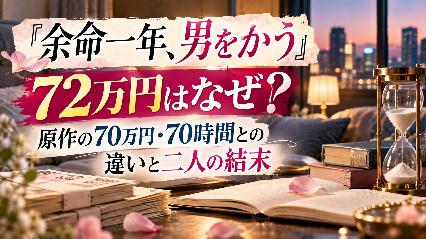 現金と時計、無地の本、比較メモを背景に、『余命一年、男をかう』の72万円と原作の70万円・70時間の違い、二人の結末を解説する記事を表現したアイキャッチ画像