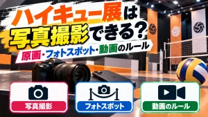 ハイキュー展の写真撮影や動画撮影のルールをテーマに、カメラ、スマートフォン、バレーボール、ネット、フォトスポット案内を配置した原画・展示パネル・人物・キャラクターなしのアイキャッチ画像。