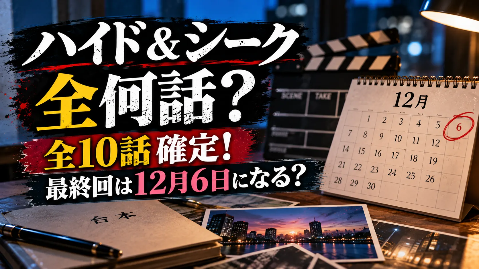 『ハイド＆シーク』の全話数と最終回の日程を紹介するアイキャッチ画像。全10話の文字、12月6日に丸を付けたカレンダー、撮影用カチンコと台本を配置したデザイン。