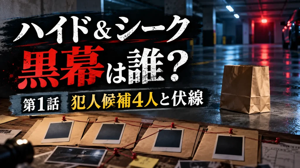 ドラマ『ハイド＆シーク』第1話の黒幕考察を表現した画像。暗い地下駐車場の紙袋と4つの捜査資料を背景に、犯人候補4人と伏線を紹介。