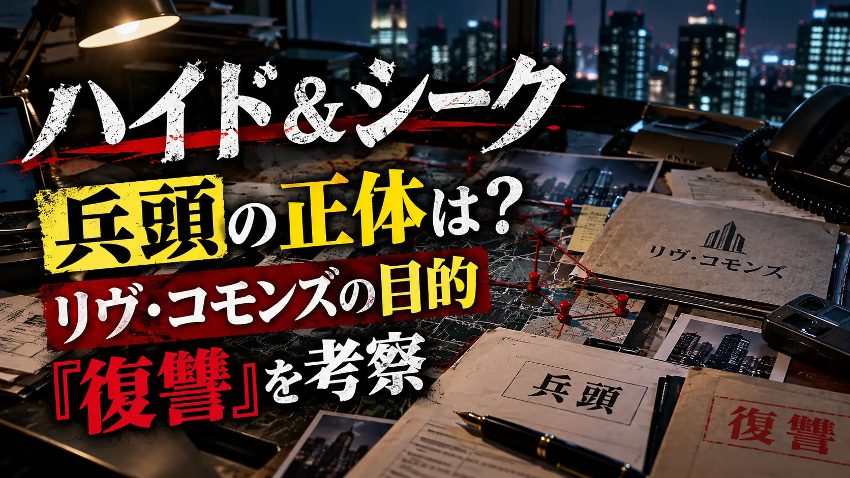 『ハイド＆シーク』の兵頭の正体とリヴ・コモンズの目的、復讐を考察するアイキャッチ画像。地図、資料、電話、都市写真を配置した調査風デザイン。