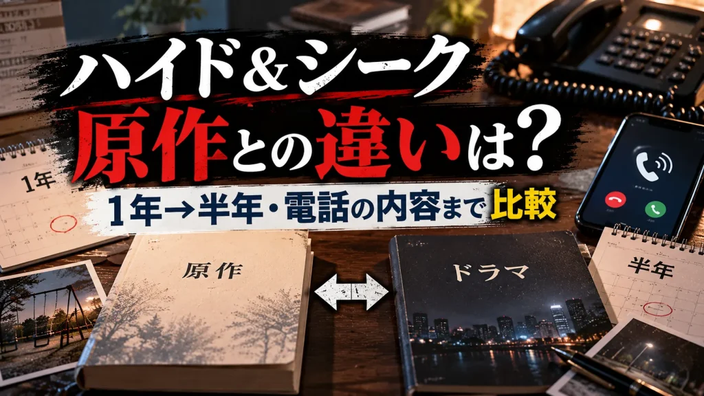 ハイド＆シークの原作とドラマの違いを表現した画像。2冊の本、1年と半年のカレンダー、電話を配置した比較デザイン。