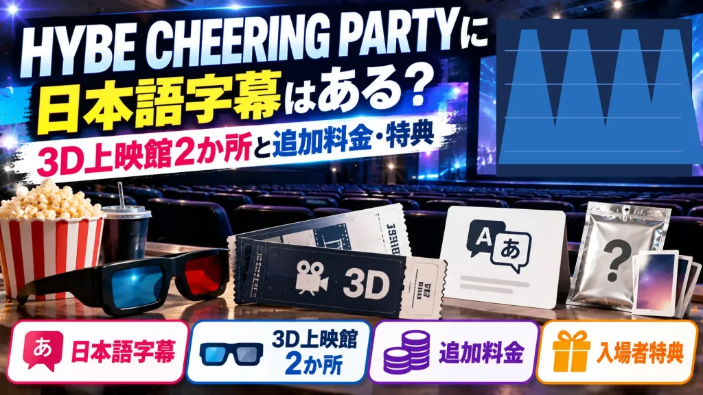 HYBE CHEERING PARTYの日本語字幕、3D上映館2か所、追加料金、入場者特典をテーマに、無人の映画館、3Dメガネ、字幕案内、チケット、特典パッケージを配置した人物なしのアイキャッチ画像。