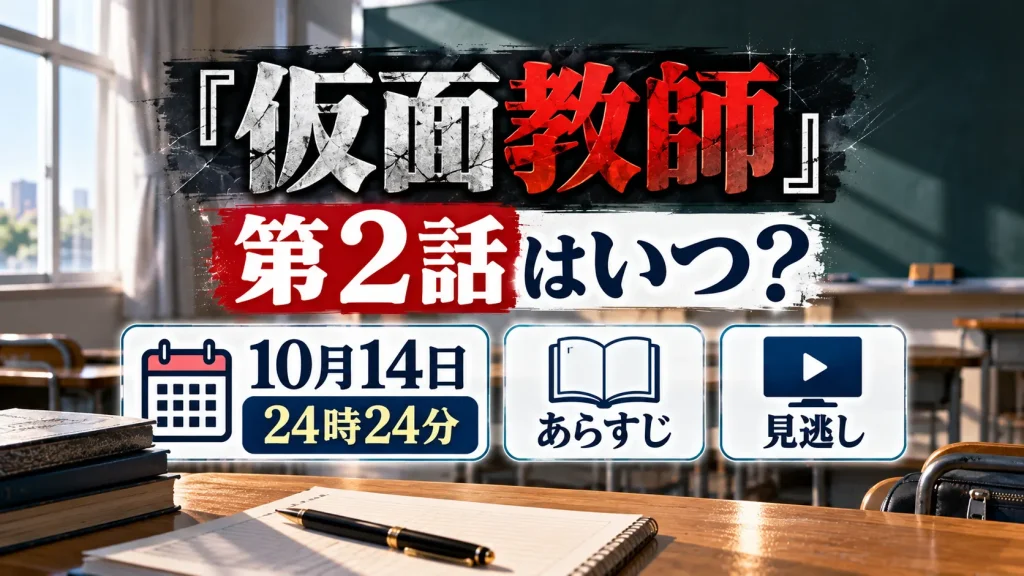 『仮面教師』第2話の放送日時とあらすじ、見逃し情報をテーマに、無人の教室、黒板、教科書、ノート、10月14日24時24分の案内を配置したアイキャッチ画像。