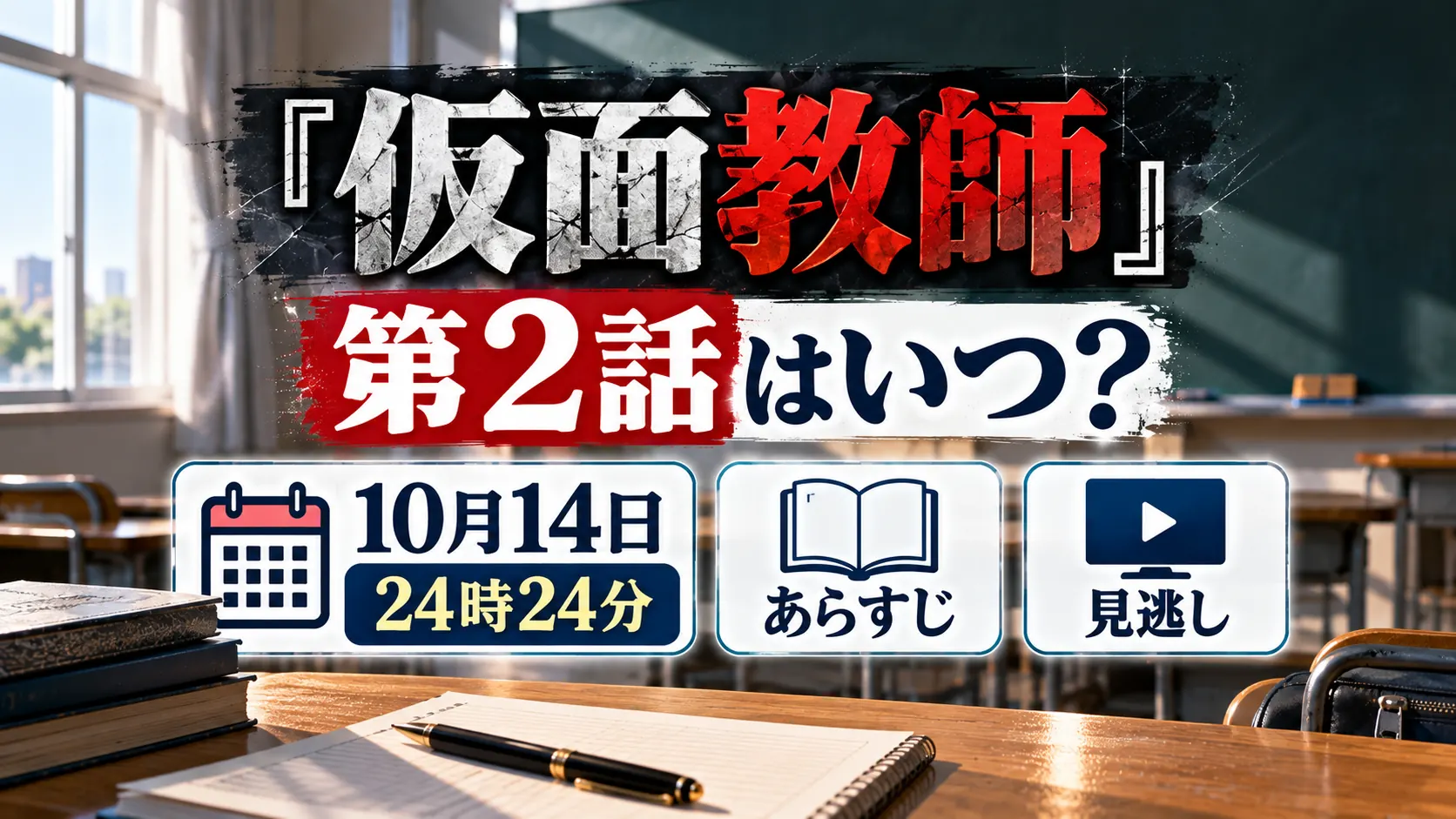 『仮面教師』第2話の放送日時とあらすじ、見逃し情報をテーマに、無人の教室、黒板、教科書、ノート、10月14日24時24分の案内を配置したアイキャッチ画像。