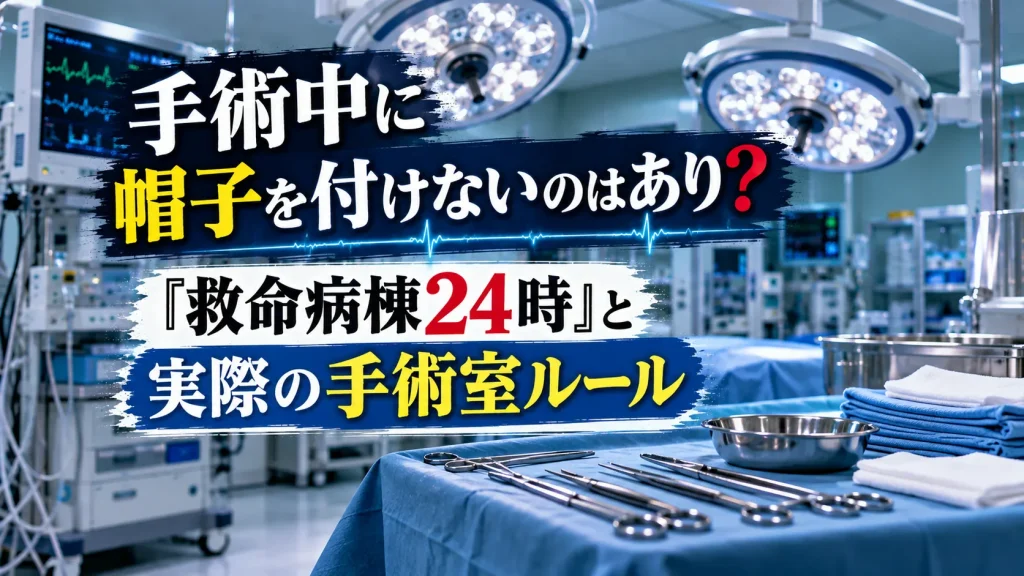 手術中の帽子着用と『救命病棟24時』、実際の手術室ルールをテーマに、無人の手術室、手術灯、医療モニター、手術器具を配置したアイキャッチ画像。