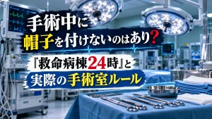 手術中の帽子着用と『救命病棟24時』、実際の手術室ルールをテーマに、無人の手術室、手術灯、医療モニター、手術器具を配置したアイキャッチ画像。