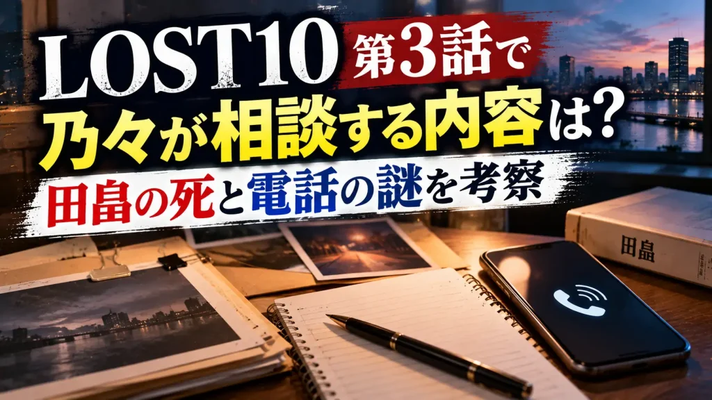 LOST10第3話の乃々の相談内容と田畠の死、電話の謎をテーマに、夜景、調査資料、ノート、スマートフォンを配置した人物なしのアイキャッチ画像。