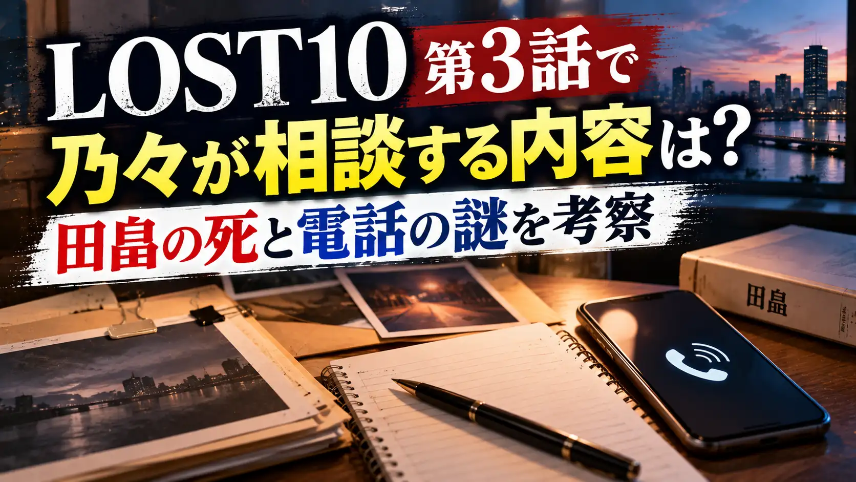 LOST10第3話の乃々の相談内容と田畠の死、電話の謎をテーマに、夜景、調査資料、ノート、スマートフォンを配置した人物なしのアイキャッチ画像。