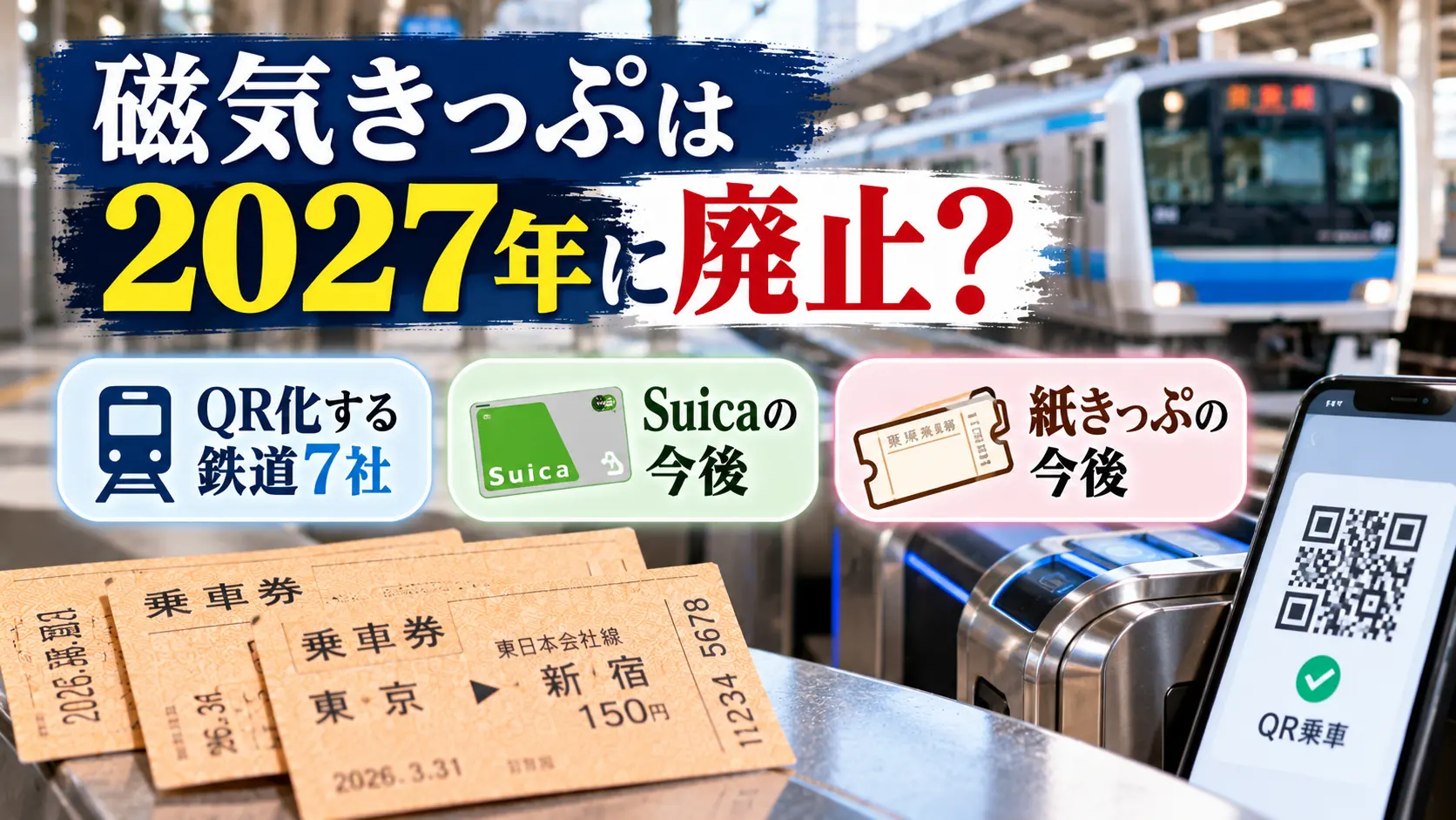 磁気きっぷの2027年廃止の可能性と鉄道7社のQR化をテーマに、無人の鉄道駅、自動改札、紙の乗車券、Suicaを示すカード、QRコードを配置したアイキャッチ画像。