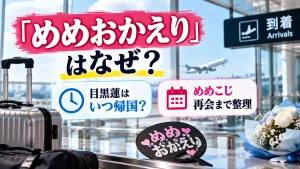 「めめおかえり」の意味や目黒蓮の帰国時期、めめこじ再会をテーマに、空港の到着ロビー、飛行機、スーツケース、花束、応援うちわを配置した人物なしのアイキャッチ画像。