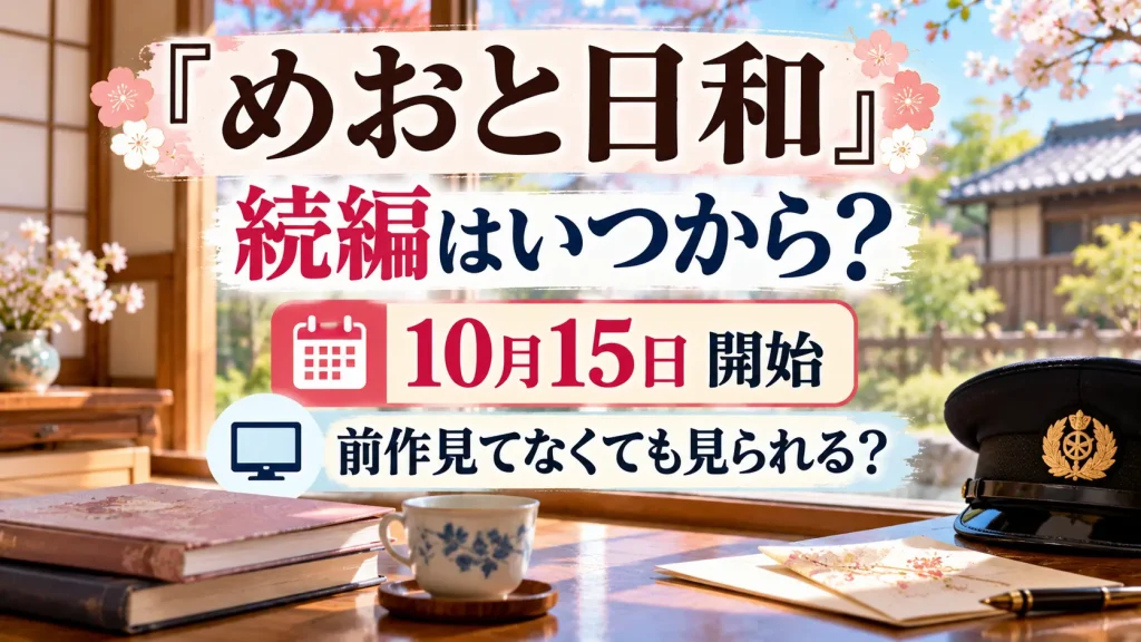 『めおと日和』続編の開始時期と前作未視聴でも見られるかをテーマに、和室、庭、カレンダー、テレビアイコン、書籍や手紙を配置した人物なしのアイキャッチ画像。