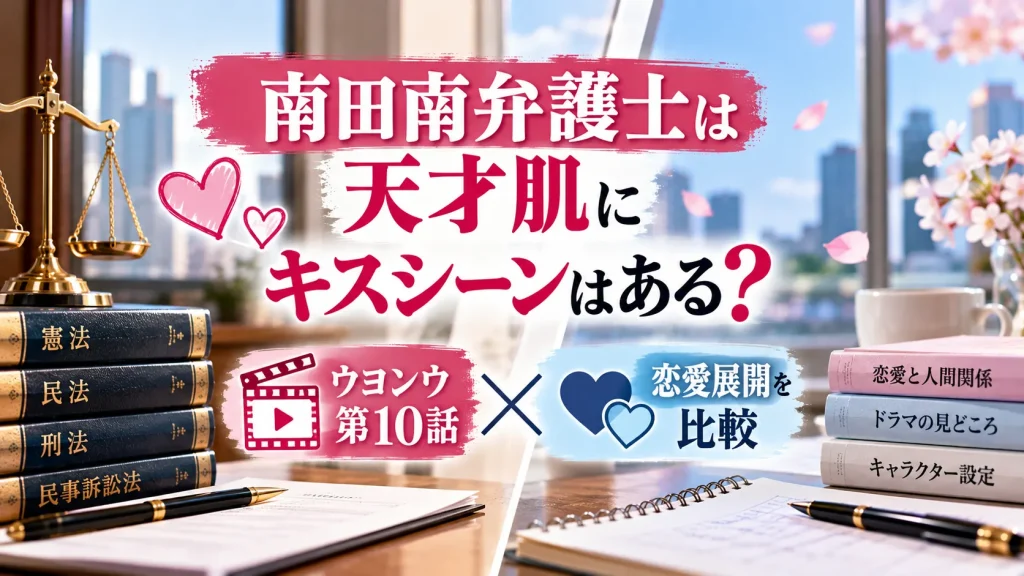 『南田南弁護士は天才肌』のキスシーンの有無とウヨンウ第10話の恋愛展開を比較する記事用に、法律書、天秤、ハート、ノート、桜の花を配置した人物なしのアイキャッチ画像。