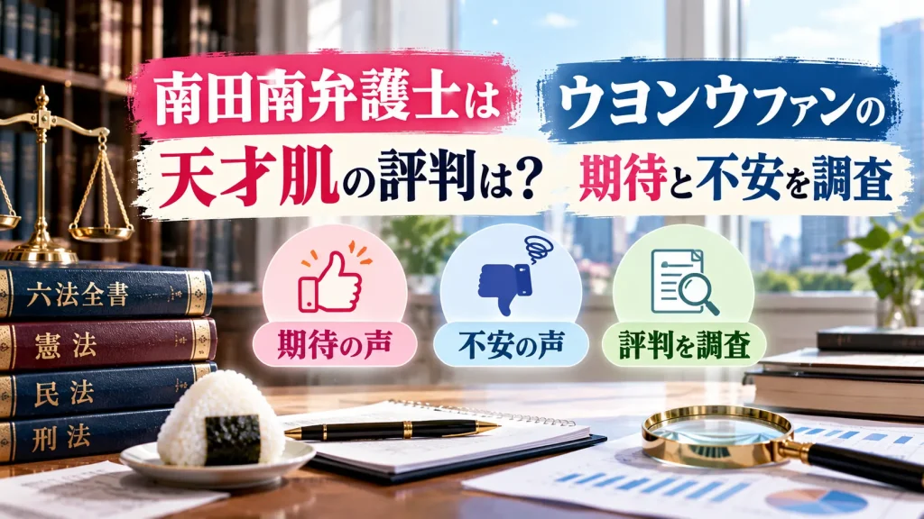 『南田南弁護士は天才肌』の評判とウヨンウファンの期待・不安をテーマに、法律書、天秤、塩むすび、評価アイコン、虫眼鏡を配置した人物なしのアイキャッチ画像。
