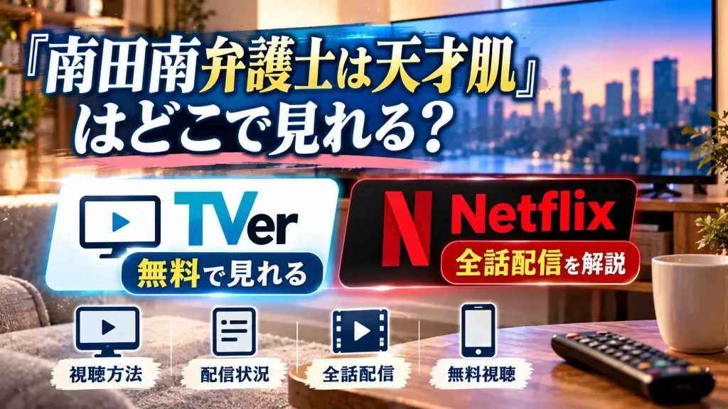 『南田南弁護士は天才肌』の視聴方法をテーマに、テレビ、リモコン、TVerとNetflixの配信案内、視聴方法・配信状況・全話配信・無料視聴のアイコンを配置した人物なしのアイキャッチ画像。