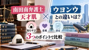 南田南弁護士とウヨンウの違いを比較する記事用に、法律書、天秤、塩むすび、恋愛を示すハート、設定資料を配置した人物なしのアイキャッチ画像。