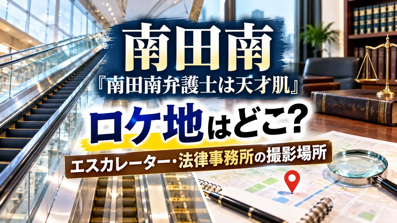 『南田南弁護士は天才肌』のロケ地をテーマに、都市型施設のエスカレーター、法律事務所風のデスク、法律書、天秤、地図を配置した人物なしのアイキャッチ画像。