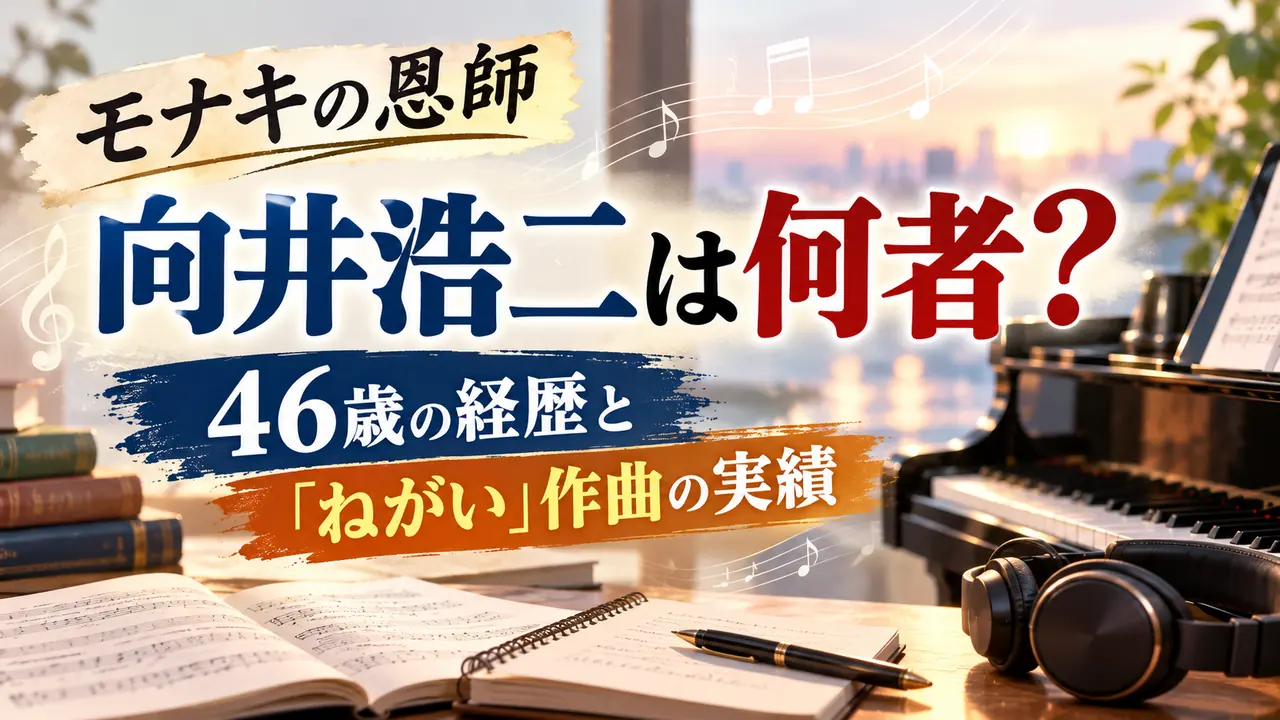 ピアノ、楽譜、ヘッドホンを背景に、モナキの恩師・向井浩二の46歳の経歴と「ねがい」作曲の実績を紹介するアイキャッチ画像。