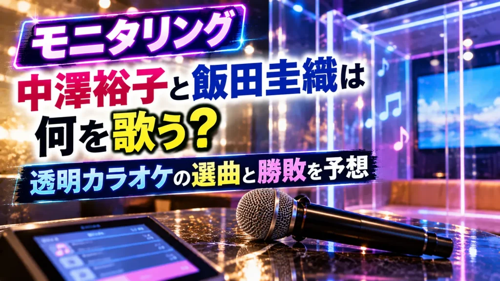 モニタリングの透明カラオケで中澤裕子と飯田圭織が何を歌うか、選曲と勝敗予想をテーマに、マイク、カラオケ選曲端末、透明ブース風の背景を配置した人物なしのアイキャッチ画像。