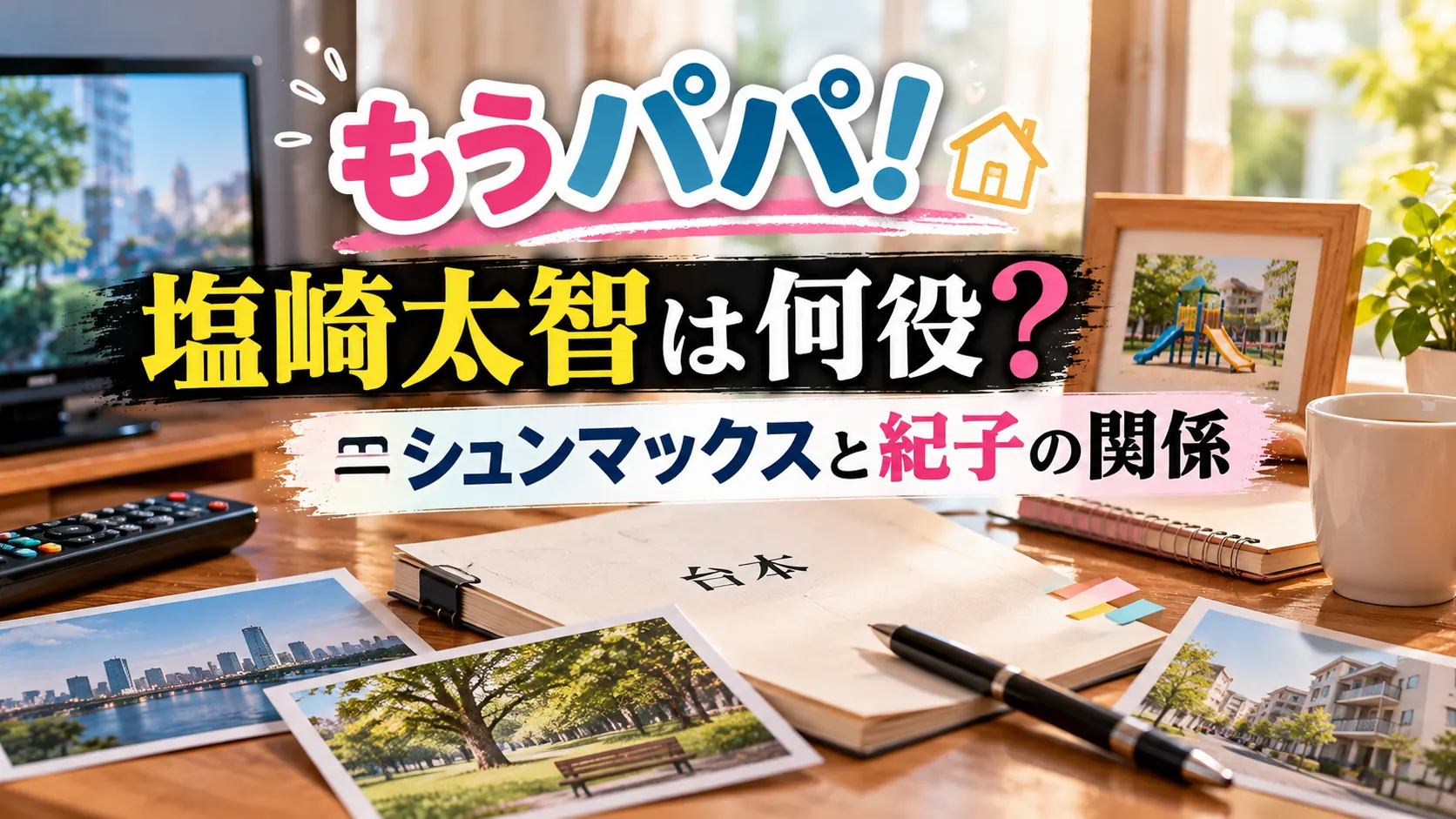 『もうパパ!』で塩﨑太智が何役なのか、シュンマックスと紀子の関係をテーマに、台本やテレビ、住宅街や公園の写真を配置した人物なしのアイキャッチ画像。