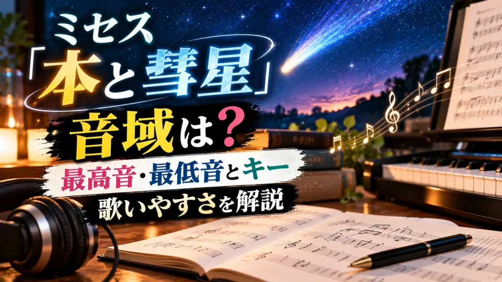 ミセス「本と彗星」の音域や最高音・最低音、キーと歌いやすさをテーマに、彗星、楽譜、ピアノ、ヘッドホンを配置した人物なしのアイキャッチ画像。