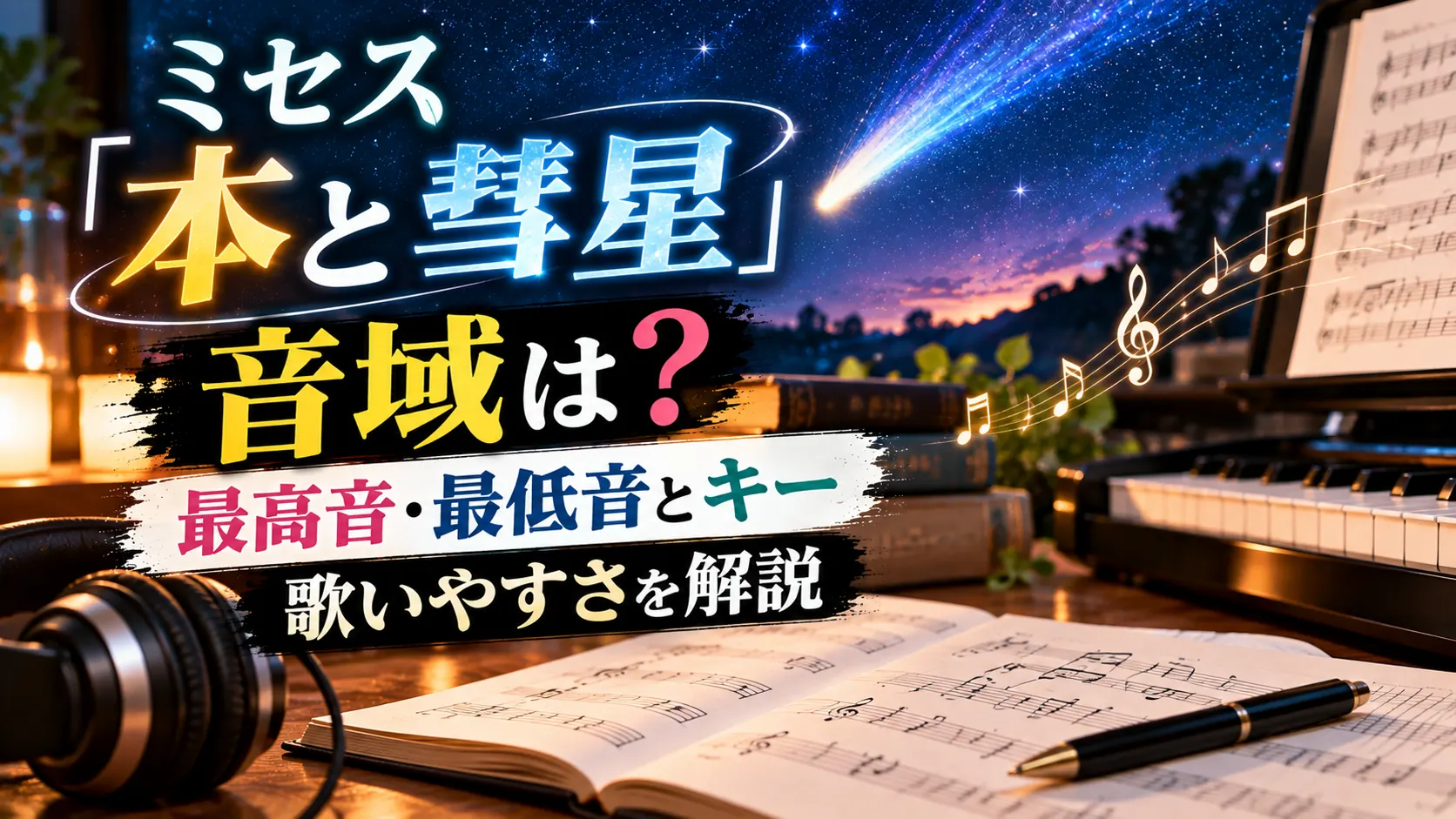 ミセス「本と彗星」の音域や最高音・最低音、キーと歌いやすさをテーマに、彗星、楽譜、ピアノ、ヘッドホンを配置した人物なしのアイキャッチ画像。