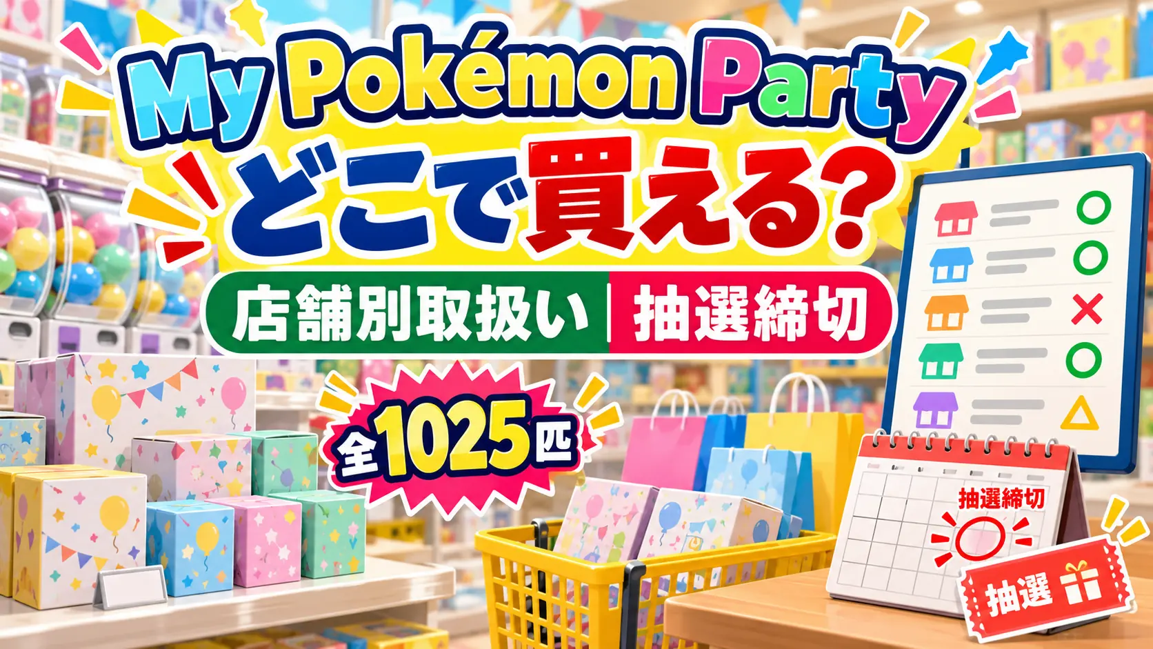 My Pokémon Partyの購入場所、全1025匹、店舗別取扱い、抽選締切をテーマに、汎用カプセル、商品箱、店舗一覧、抽選券、締切カレンダーを配置したキャラクターなしのアイキャッチ画像。