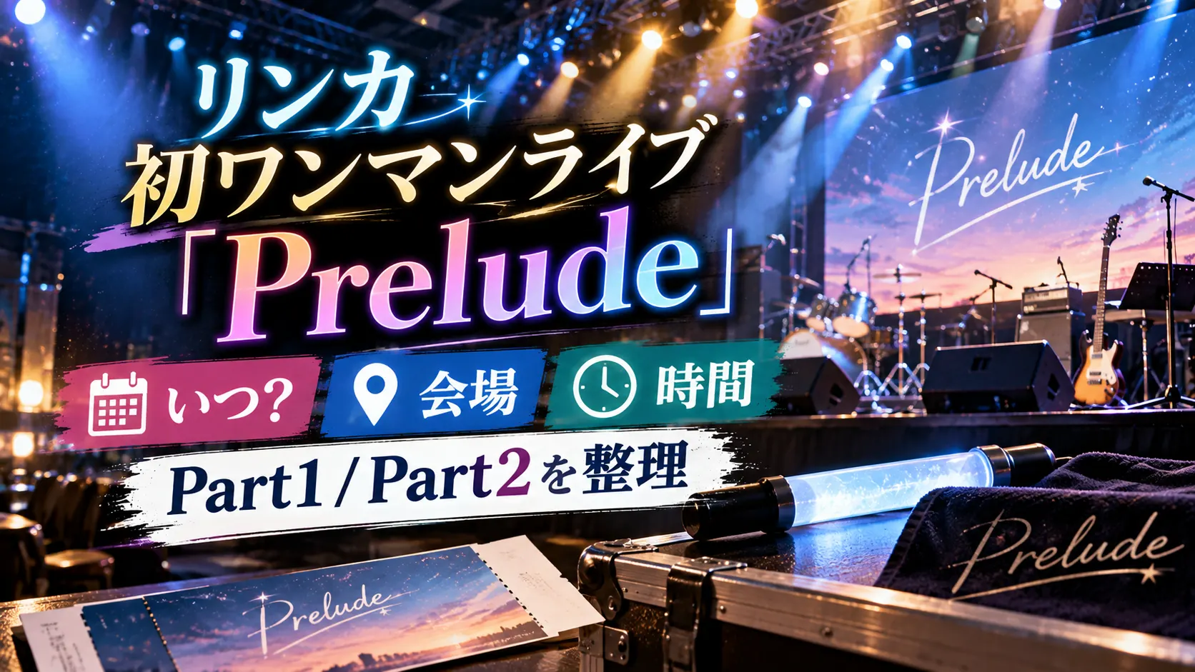 リンカ初ワンマンライブ『Prelude』について、開催時期・会場・時間・Part1／Part2を整理する記事用に、無人のライブステージ、照明、楽器、チケット風アイテムを配置したアイキャッチ画像。