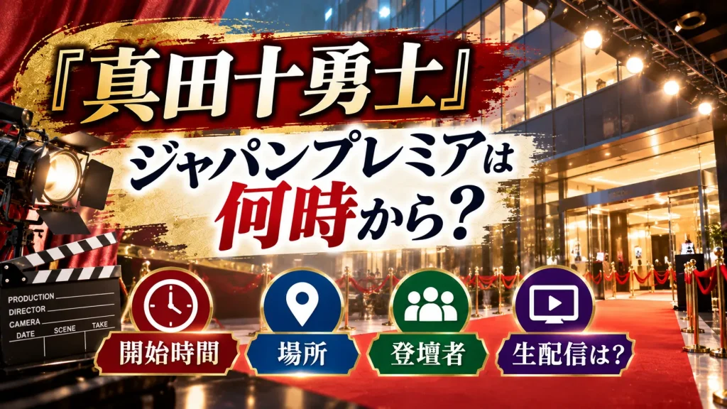 『真田十勇士』ジャパンプレミアの開始時間、場所、登壇者、生配信をテーマに、レッドカーペット、会場入口、撮影機材、カチンコ、案内アイコンを配置した人物なしのアイキャッチ画像。