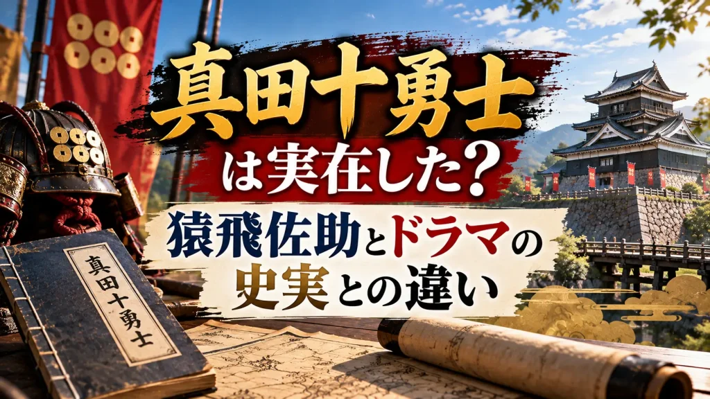 『真田十勇士』の実在性と猿飛佐助、ドラマと史実の違いをテーマに、城、甲冑、真田を示す旗、古地図、巻物、資料を配置した人物なしのアイキャッチ画像。