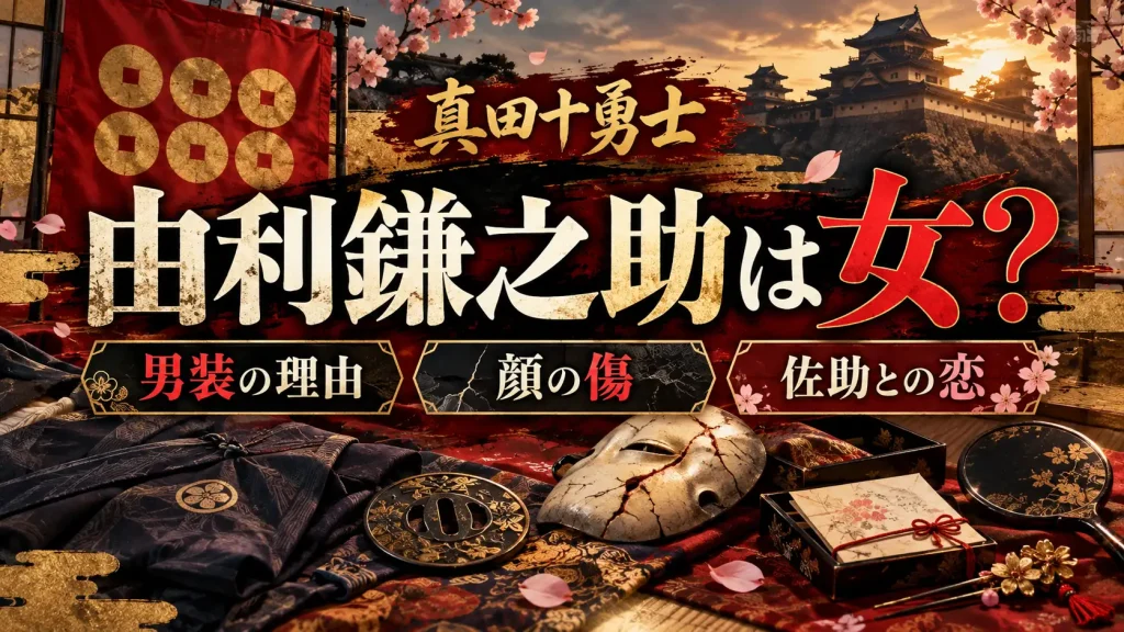 『真田十勇士』の由利鎌之助をテーマに、真田を示す旗、城、衣装、小物、仮面、手紙を配置し、男装の理由や顔の傷、佐助との恋を表現した人物なしのアイキャッチ画像。