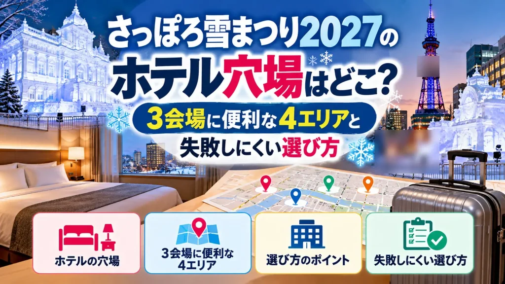 さっぽろ雪まつり2027のホテル選びをテーマに、雪像、札幌の冬景色、ホテル客室、地図、スーツケースを配置し、3会場に便利な4エリアと宿泊先の選び方を表現した人物なしのアイキャッチ画像。