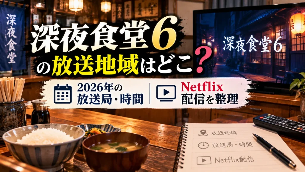 『深夜食堂6』の放送地域や2026年の放送局・時間、Netflix配信をテーマに、無人の食堂、テレビ、リモコン、予定表を配置したアイキャッチ画像。