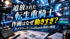 『追放された転生重騎士』の作画やカメラワーク、GoHands演出をテーマに、撮影カメラ、編集モニター、カチンコ、絵コンテを配置した人物なしのアイキャッチ画像。