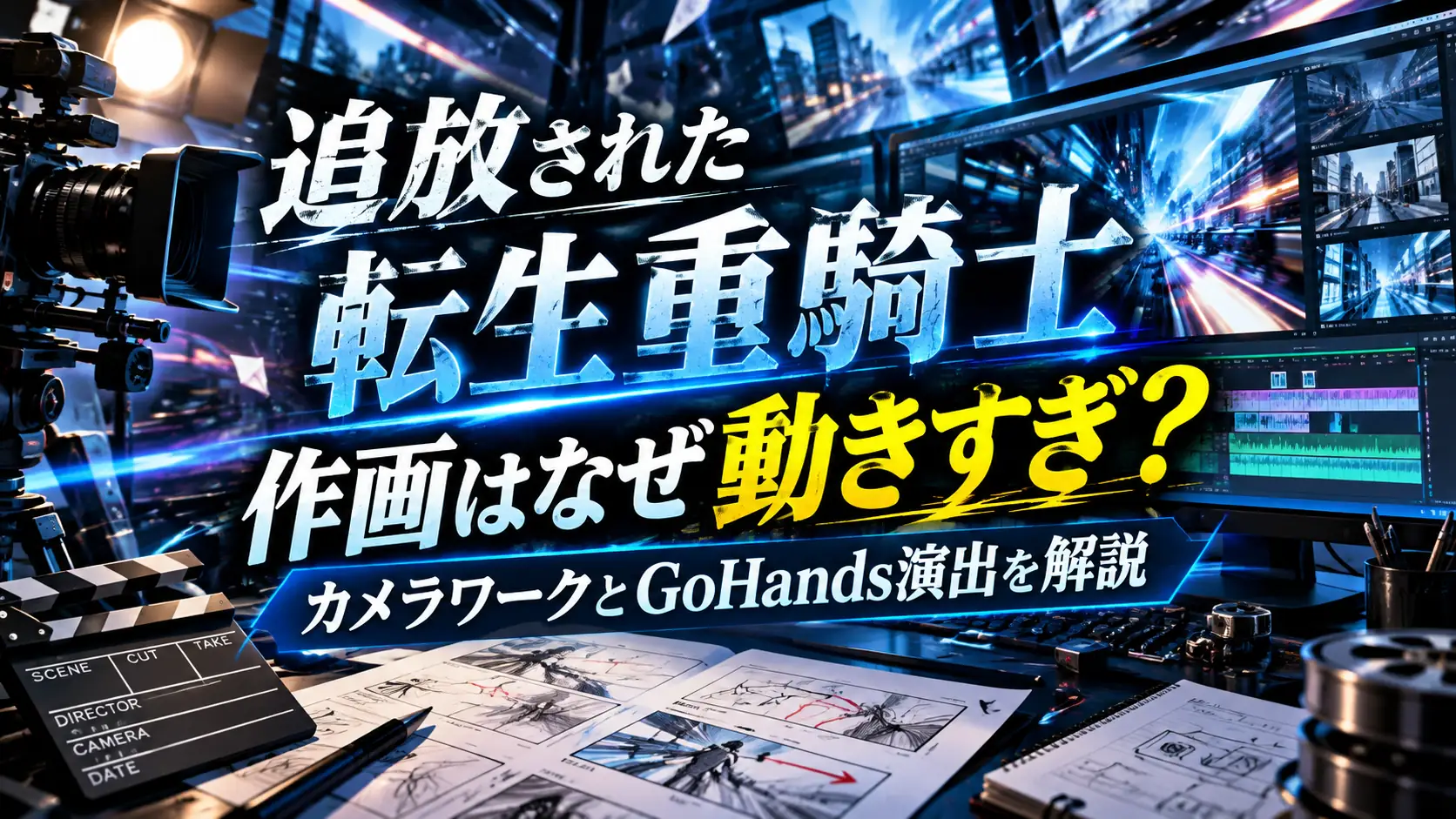 『追放された転生重騎士』の作画やカメラワーク、GoHands演出をテーマに、撮影カメラ、編集モニター、カチンコ、絵コンテを配置した人物なしのアイキャッチ画像。