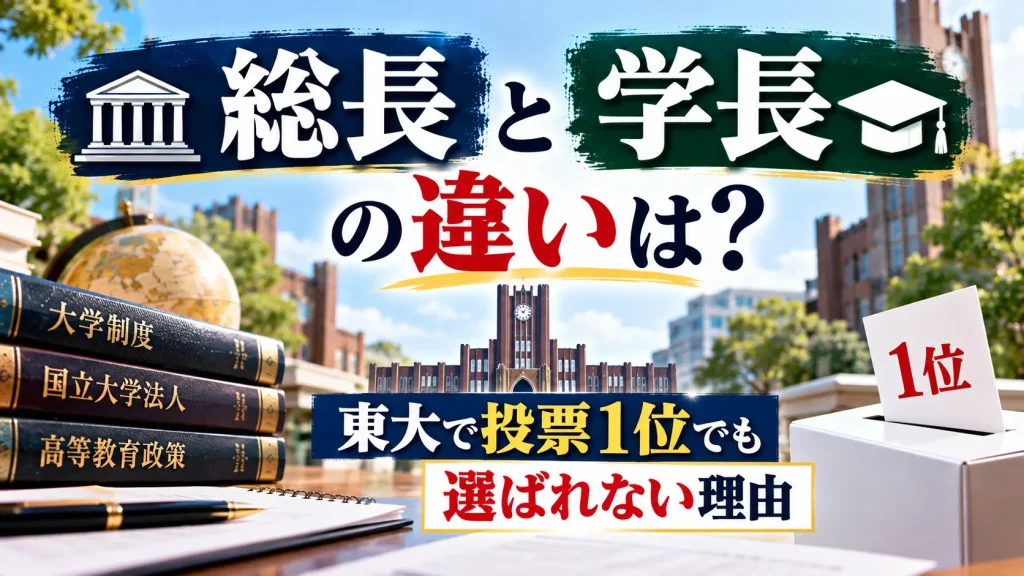大学の総長と学長の違い、東大の総長選考における投票と選出の仕組みをテーマに、大学の建物、書籍、投票箱を配置した人物なしのアイキャッチ画像。