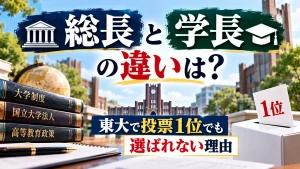 大学の総長と学長の違い、東大の総長選考における投票と選出の仕組みをテーマに、大学の建物、書籍、投票箱を配置した人物なしのアイキャッチ画像。