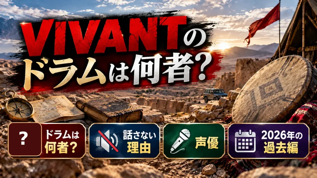 VIVANTのドラムの正体、話さない理由、声優、2026年の過去編をテーマに、砂漠の風景、地図、コンパス、手帳、マイク、カレンダーを配置した人物なしのアイキャッチ画像。