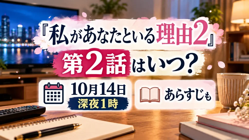 『私があなたといる理由2』第2話の放送日と時間、あらすじをテーマに、テレビ、10月14日を示す日付表示、深夜1時の案内、ノートや本を配置した人物なしのアイキャッチ画像。