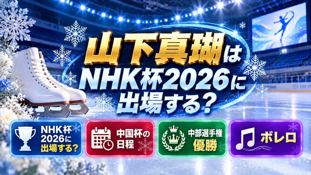 山下真瑚のNHK杯2026出場、中国杯の日程、中部選手権優勝、ボレロをテーマに、無人のスケートリンク、白いスケート靴、日程・優勝・演技曲を示す案内パネルを配置したアイキャッチ画像。