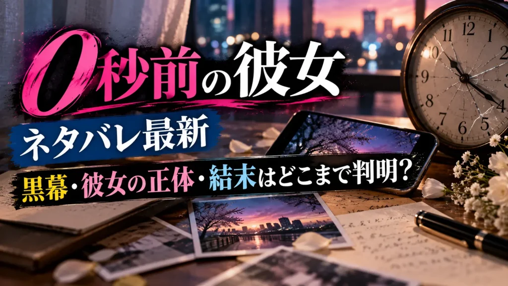 『0秒前の彼女』のネタバレ考察をテーマに、ひび割れた時計、スマートフォン、夕暮れの写真を配置し、黒幕・彼女の正体・結末の謎を表現した画像。